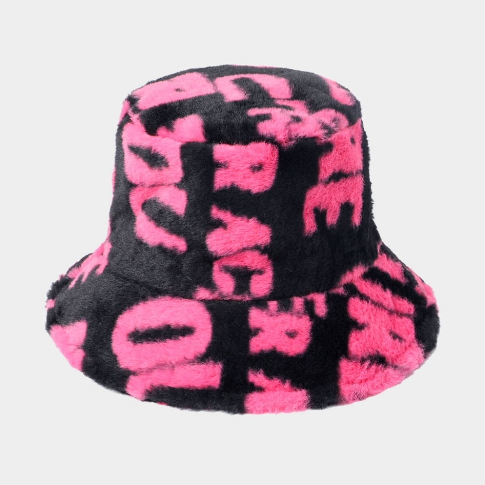 Black Pink Fur Bucket Hat Abstract Print Pattern Style Trendy Fuzzy Cute Letter